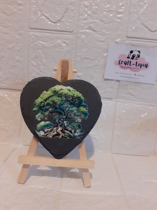 green tree of life design heart slate coaster
