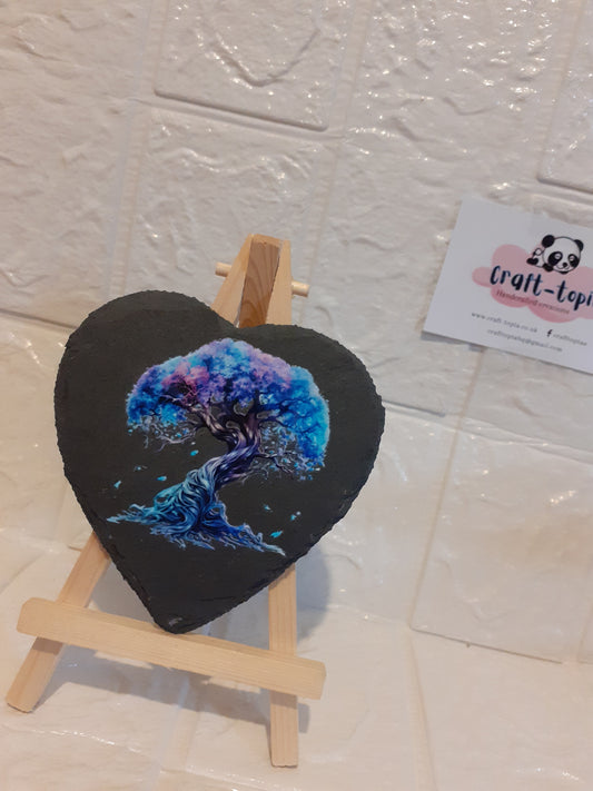 blue and purple tree of life design heart slate coaster