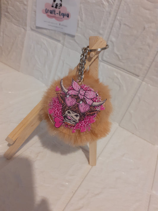 pink highland cow keychain