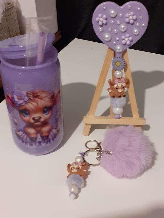 purple highland cow gift set
