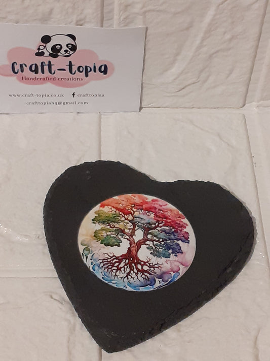tree of life design 2 heart slate coaster