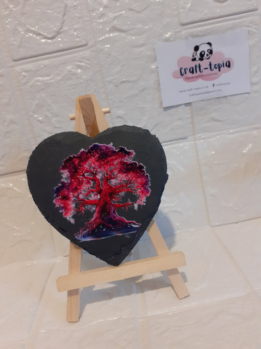 red tree of life design heart slate coaster
