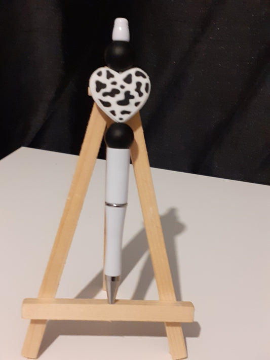 white cow print heart beaded pen