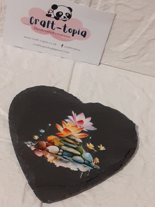 lotus flower and pebbles heart slate coaster