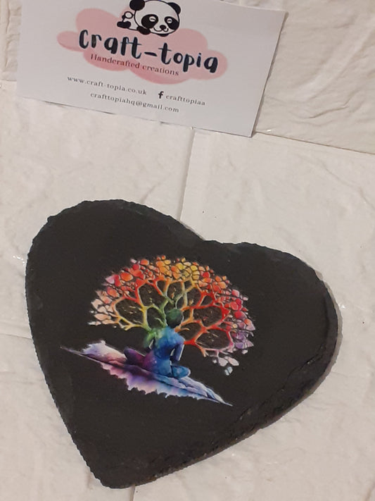 tree of life design 3 heart slate coaster